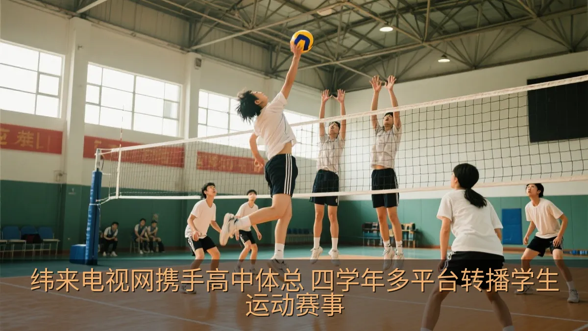 学生排球选手在比赛中跃起扣球